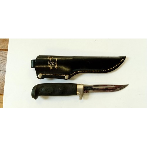 11 - Vintage Marttiini Finland small knife with signature on the blade and rubber handle with black leath... 