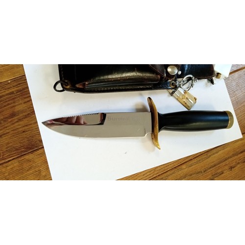 13 - Vintage Survival knife, large knife high shin blade with black handle and brass embellishments.  Sur... 