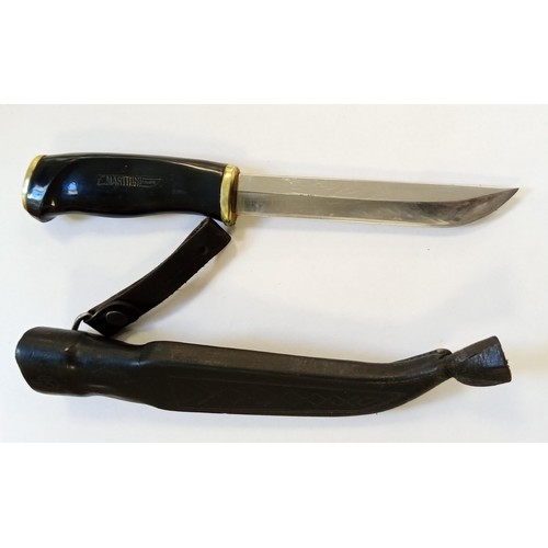 14 - Vintage Marttiini Finland knife with black and brass finished handle and curved leather sheath