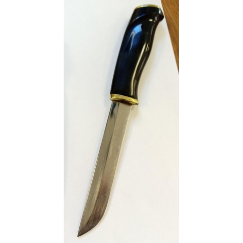 14 - Vintage Marttiini Finland knife with black and brass finished handle and curved leather sheath