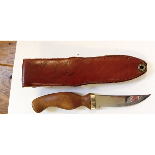 23 - Vintage Brusletto Geilo made in Norway small knife with wooden handle and brown leather clipped shea... 