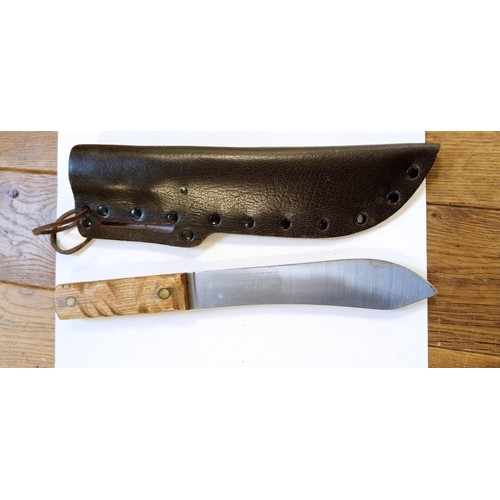 28 - Vintage Hudson Bay Knife & Toolworks large knife with carved wooden handle and brown leather sheath