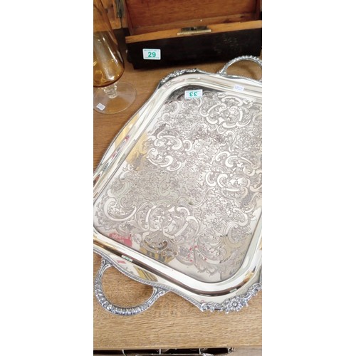 33 - Silver-plated heavy tray by Viners of Sheffield & vintage decanter with glasses