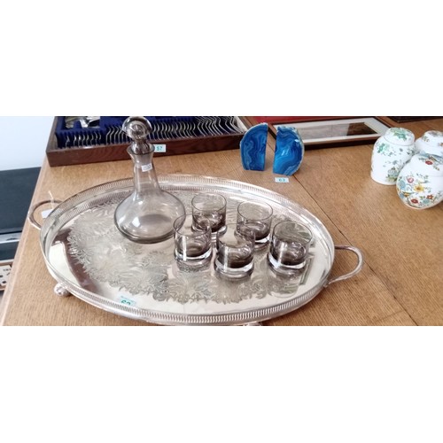 62 - Heavy oval silver-plated tray with decanter and glasses