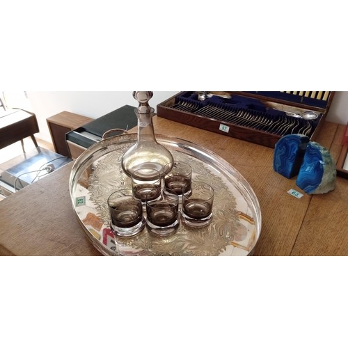 62 - Heavy oval silver-plated tray with decanter and glasses