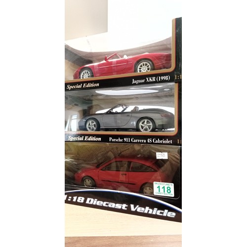 118 - 3 model cars MAISTO & Kid Connection Jaguar XKR, Porche 911