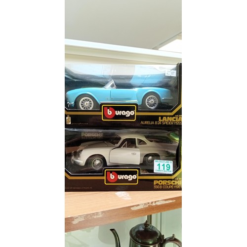 119 - 2 model cars by Burago Lancia Spider, Porche 356B Coupe