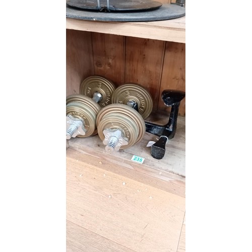 235 - 2 dumbbells with weights & a shoe last