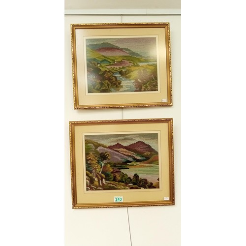 243 - 2 framed Scottish mountain scene tapestries