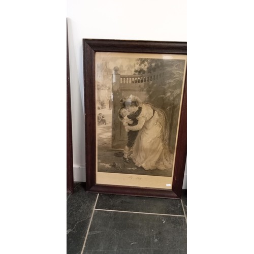 267 - 4 oak framed prints / etchings 'My Boy', 'The Huntsman's Pet', 'Whisper of Love', 'Wedded'.