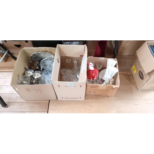 299 - 3 boxes of crystal, ornaments & vases