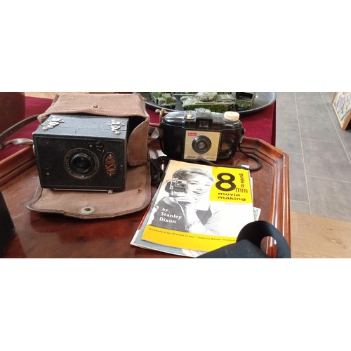 311 - Tray of vintage camera's, vintage army hat