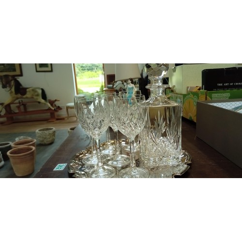 362 - 6 crystal glasses & decanter on a silver tray