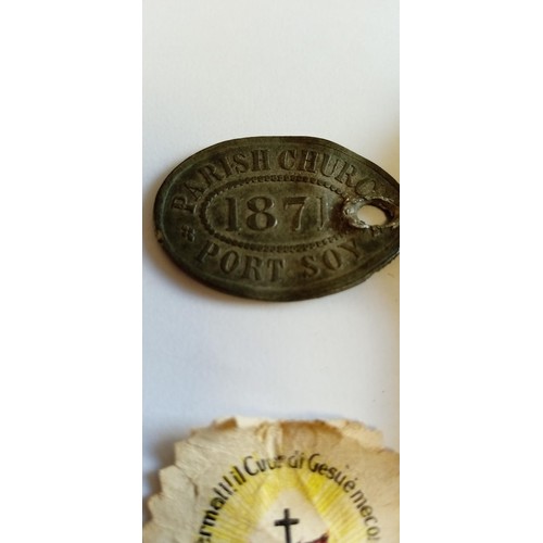 28 - Vintage church token plus 2 possible Victorian photos in personal holders and religious icon