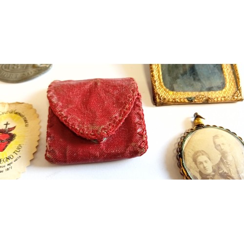 28 - Vintage church token plus 2 possible Victorian photos in personal holders and religious icon