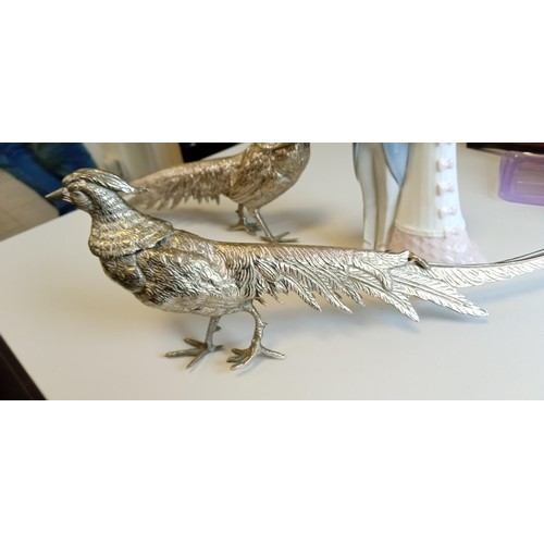 51 - Pair of white metal pheasants 30cm long approx. plus Lladro 4808 Bride & Groom ornament