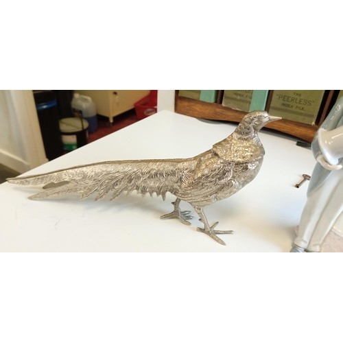 51 - Pair of white metal pheasants 30cm long approx. plus Lladro 4808 Bride & Groom ornament