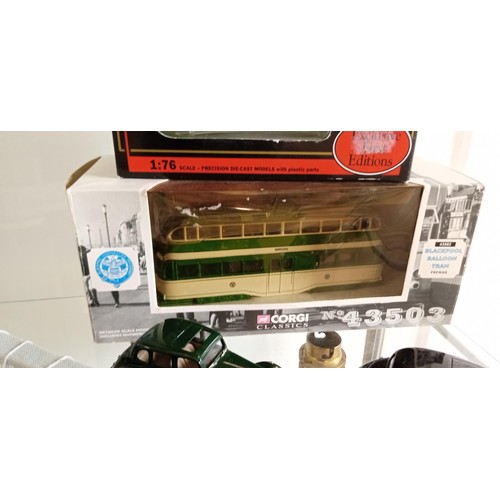 87 - Selection of vintage cars, buses and a canal boat to include Corgi Tram 43503 still in box