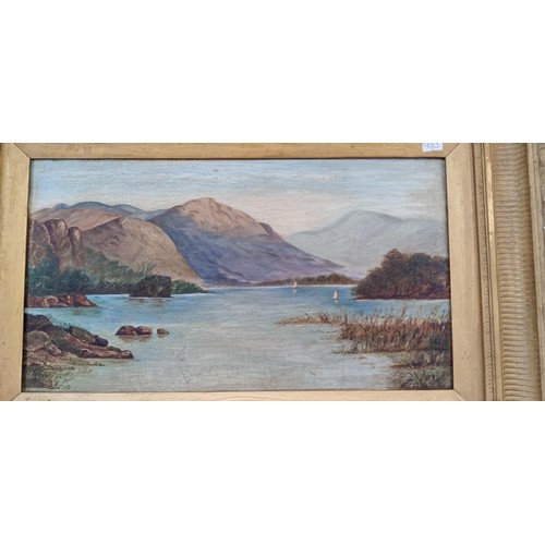 7 - Antique lake and mountain scene oil on canvas framed