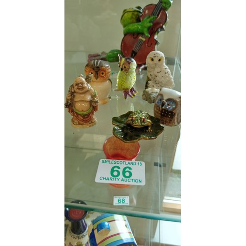 66 - Collection of miniature owls, frog & Buddha