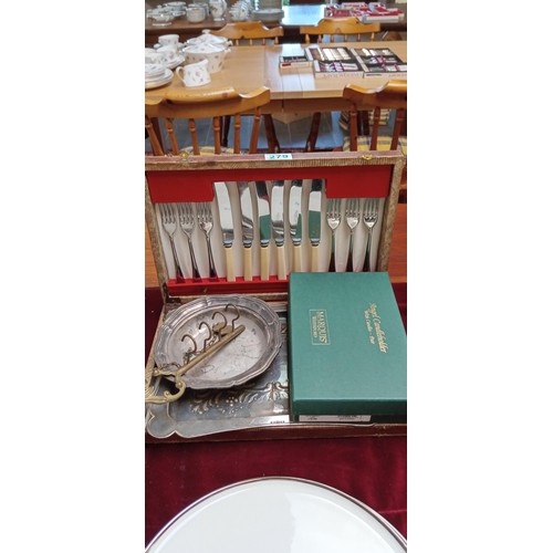 279 - Vintage cutlery, tray and angel candle holders, Marquis Waterford