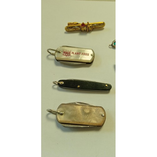 7 - Vintage pen knives jewellery and small pill box made from half penny