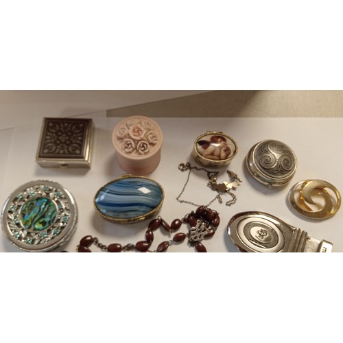 32 - Wooden jewellery box, pill boxes and some jewellery