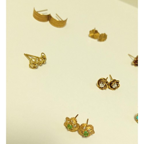 38 - 9 Pairs of 9ct gold earrings total weight without butterflies 8.8g approx. Butterflies unchecked