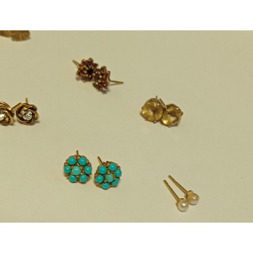 38 - 9 Pairs of 9ct gold earrings total weight without butterflies 8.8g approx. Butterflies unchecked