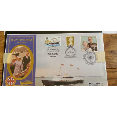 66 - Selection of collectable £5 coins, commemorative crowns plus HMY Britannia stamps