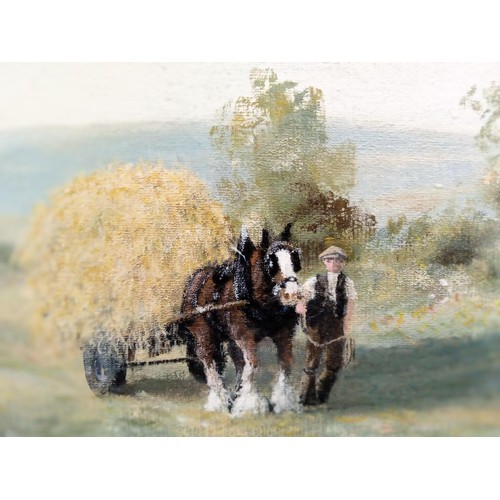 9 - Framed oil on board Robin Birch 1990 horse & haycart scene measures 69cm x 38cm approx.