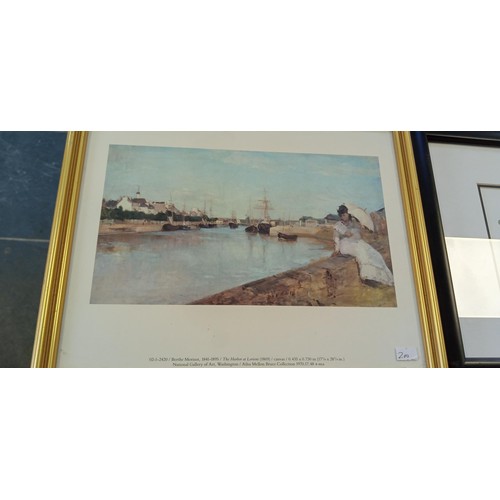 13 - 4 Framed artworks 3 of harbour scenes plus 1 by Kenojuak Ashevak & signed Child with Owls