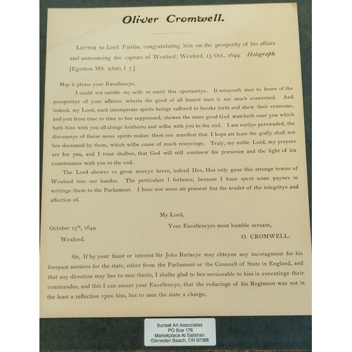 27 - 2 Framed prints Oliver Cromwell 1 is Letter to Lord Fairfax 1649 & the other is a letter to William ... 