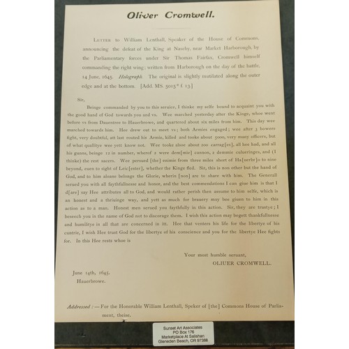 27 - 2 Framed prints Oliver Cromwell 1 is Letter to Lord Fairfax 1649 & the other is a letter to William ... 