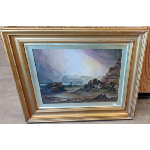 60 - Victorian framed coastal scene oil painting on canvas by HH Birdsall, New Zealand