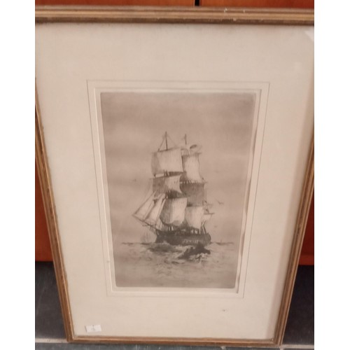 66 - Framed antique unusual etching of HMS Victory