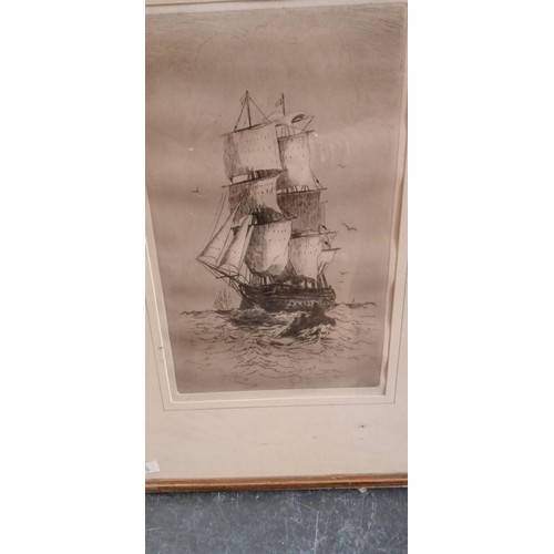 66 - Framed antique unusual etching of HMS Victory