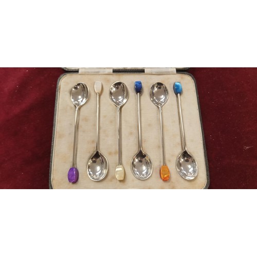 94 - Silver hallmarked coffee bean tea spoons in original box with unusual shaped coloured tops maker H A... 