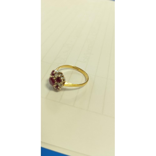 112 - 18ct hallmarked red stone & diamond ring size K 1/2 approx.