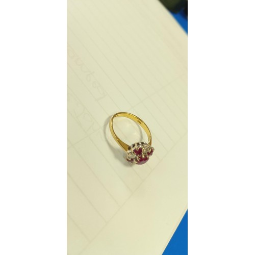 112 - 18ct hallmarked red stone & diamond ring size K 1/2 approx.