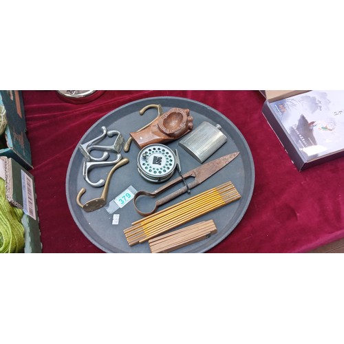 379 - Tray of Hardy fishing reel, hip flask, sheep shears & tools