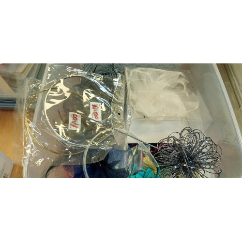 399 - Box of fascinators, curtain hems & box silver knit knitting dye cord