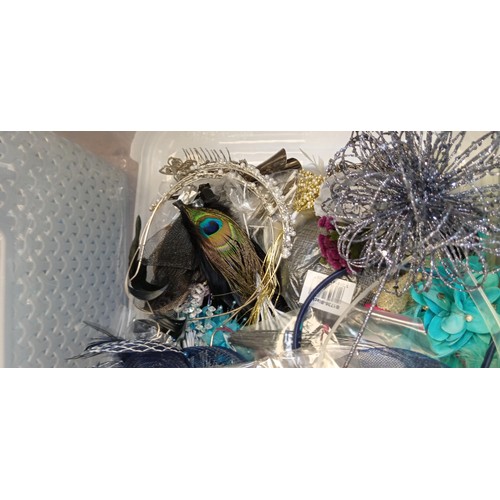 399 - Box of fascinators, curtain hems & box silver knit knitting dye cord