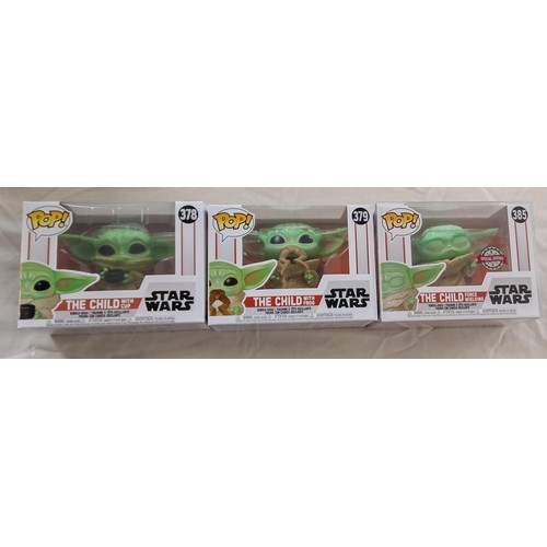 27 - Funko Pop/ bobble head Star Wars #378, #379 & #385 The Child with Cup, with frog & Force Wielding