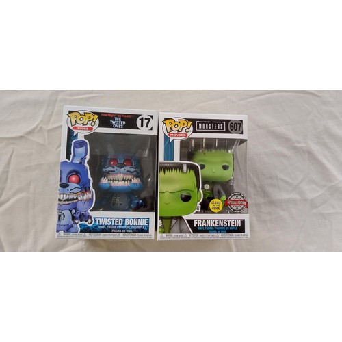 30 - Funko Pop Movies & Books/ bobble head #17 & #607 Twisted Bonnie & Frankenstein special edition glows... 