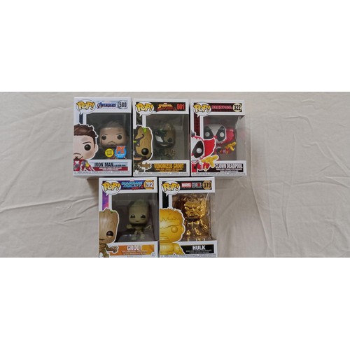 32 - Funko Pop/ bobble head Marvel #202, #322, #379, #580 & #601 Spiderman Venomized Groot, Deadpool Clow... 