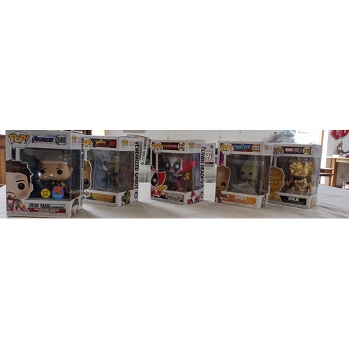 32 - Funko Pop/ bobble head Marvel #202, #322, #379, #580 & #601 Spiderman Venomized Groot, Deadpool Clow... 