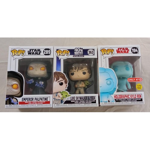 33 - Funko Pop/ bobble head Star Wars & Empire Strikes Back #194, #289 & #363 Holographic Kylo Ren, Emper... 