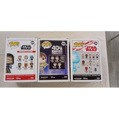 33 - Funko Pop/ bobble head Star Wars & Empire Strikes Back #194, #289 & #363 Holographic Kylo Ren, Emper... 