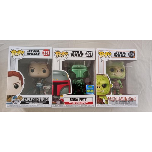 34 - Funko Pop/ bobble head Star Wars #297, #337 & #406 Boba Fett Limited Edition, Cal Kestis & BD1 plus ... 